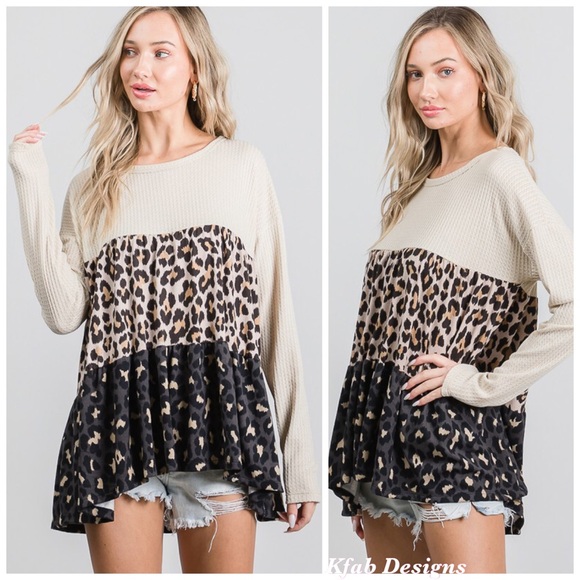 ❤️LAST!! Waffle Babydoll Leopard Color Block Top - Picture 5 of 11